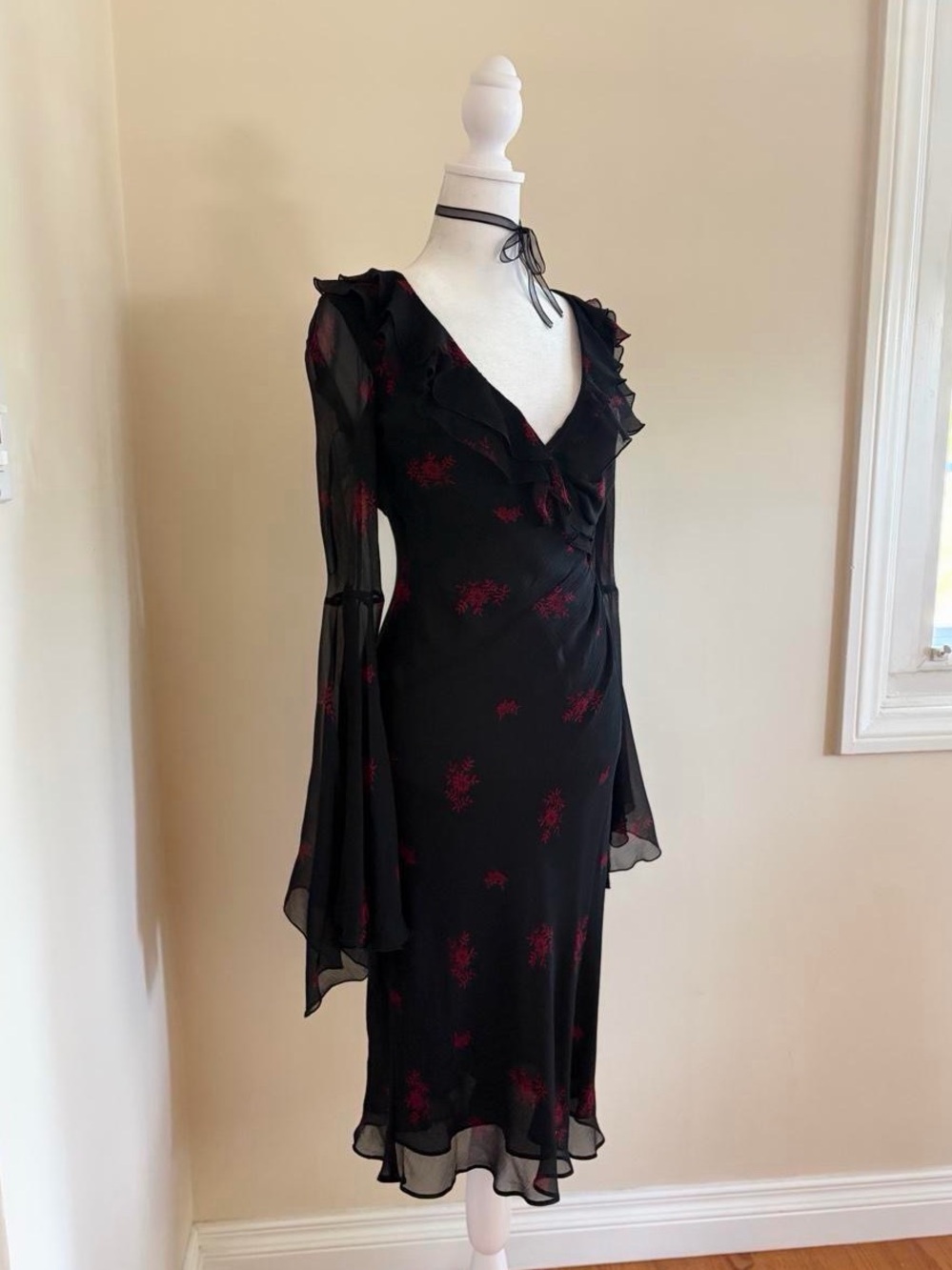 Vintage Y2K silk black ruffle goth bias cut floral dress LIKE Betsey Johnson S - Picture 3 of 10